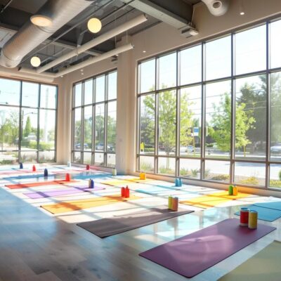 Beginners practicing hot yoga in a bright studio, emphasizing community and preparation