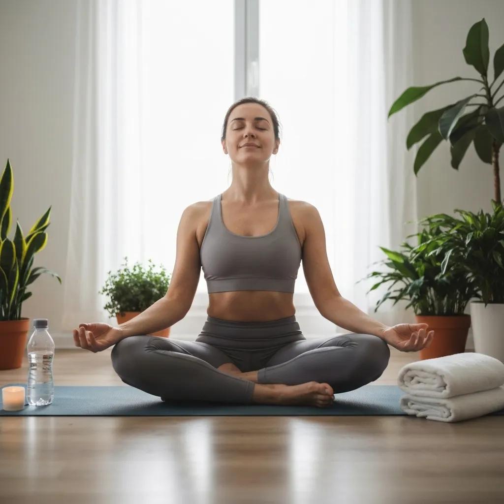Individual relaxing in a yoga pose after a hot yoga session, surrounded by calming elements and reflecting holistic wellness