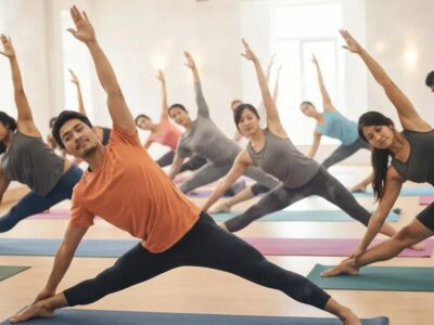 Group of diverse individuals practicing hot yoga in a warm studio, showcasing flexibility and focus
