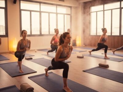 Welcoming hot yoga studio with beginners practicing yoga poses in a warm environment