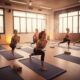 Welcoming hot yoga studio with beginners practicing yoga poses in a warm environment