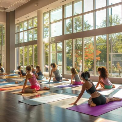 Group of diverse individuals practicing hot yoga in a warm, inviting studio environment