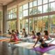 Group of diverse individuals practicing hot yoga in a warm, inviting studio environment