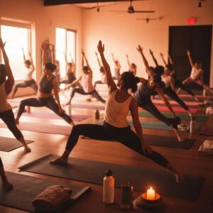 Hot yoga studio with diverse practitioners engaged in yoga poses, highlighting community and wellness