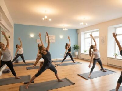 Hot yoga class in a warm studio with diverse students practicing yoga poses