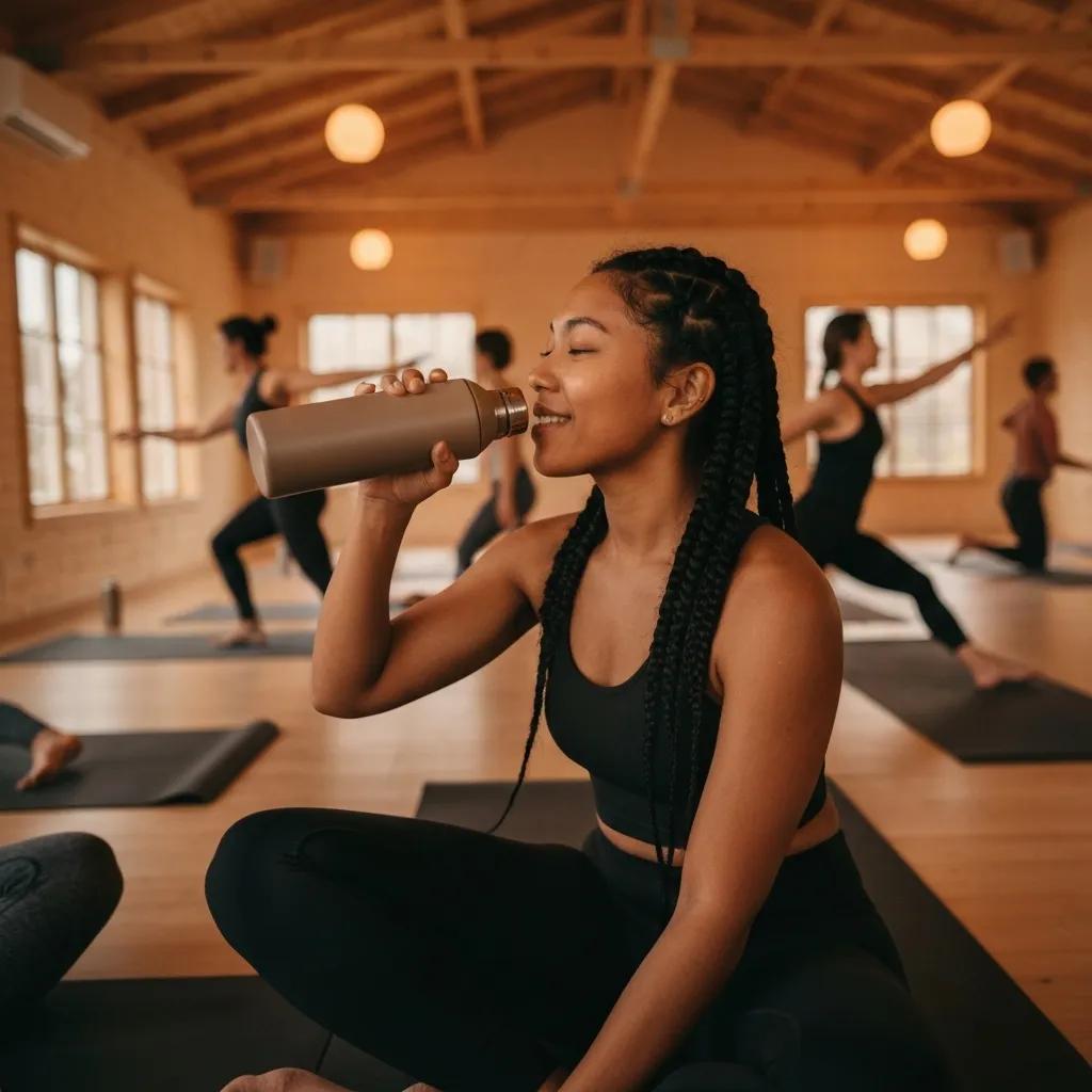 Practitioner hydrating with a non-toxic water bottle during a hot yoga session