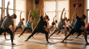 Hot yoga practitioners in a warm studio, showcasing community and wellness