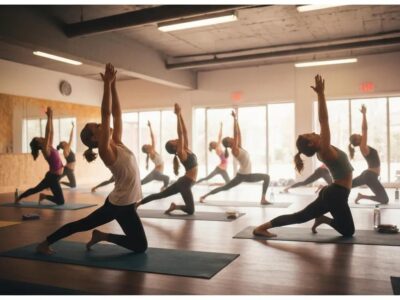 Group of diverse individuals practicing Bikram yoga in a bright, warm studio, showcasing flexibility and community spirit