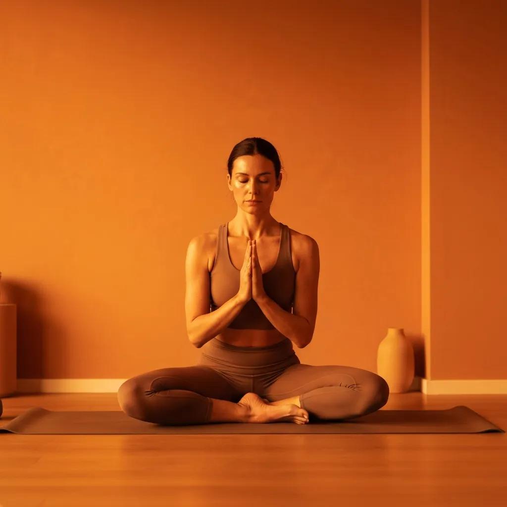 Individual practicing hot yoga at home, participating in an online class