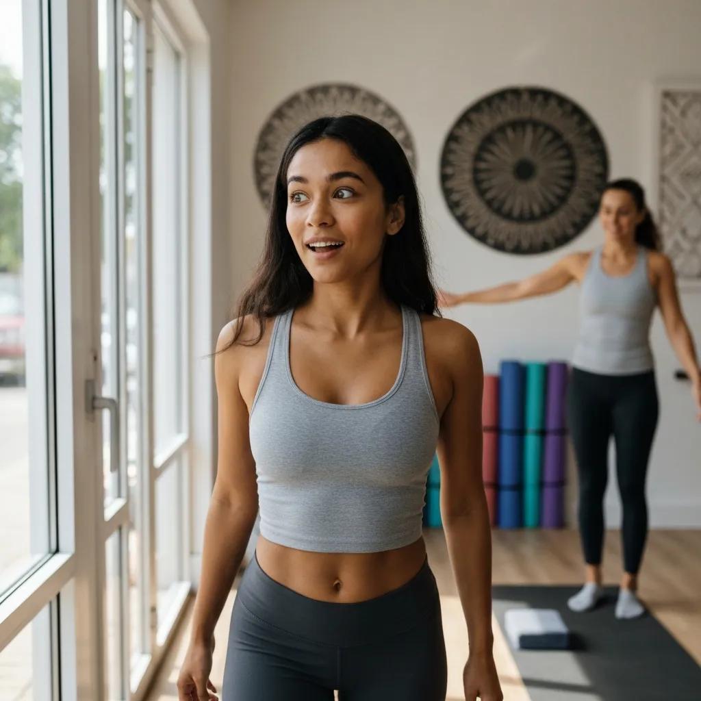 New student entering a hot yoga studio, excited for their first class experience